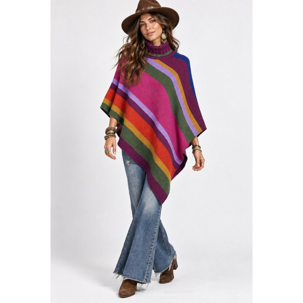 Gallo Wool Cashmere Blend Striped Poncho Sweater Turtleneck Colorful Boho Artsy